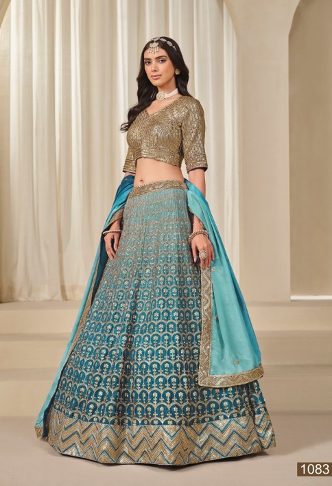 Chinon Trendy Lehenga Choli with Embroidered Work for Ceremonial in Firozi and Teal